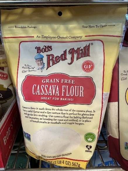 Yellow bag that says "Bob's Red Mill Grain-Free Cassava Flour."